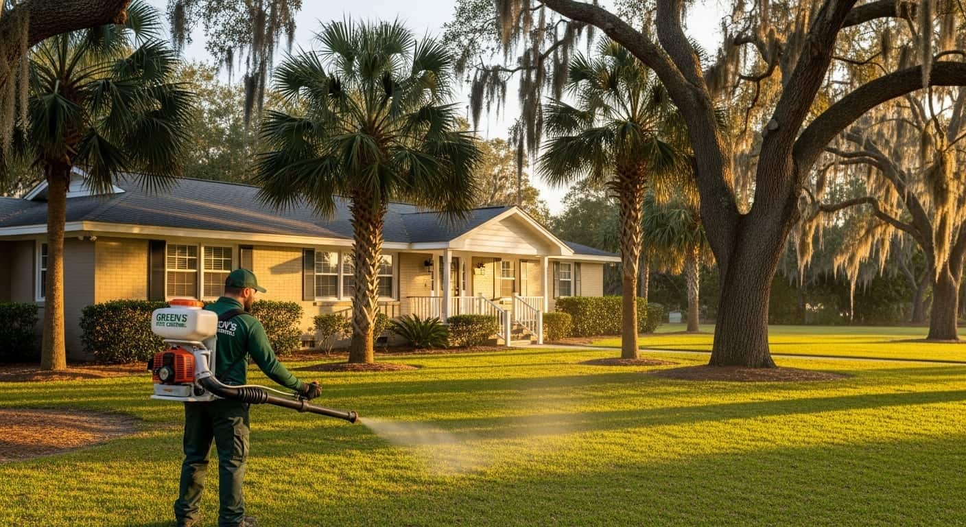 Green's Pest Control technician applying general pest control treatment at a Conway, SC home